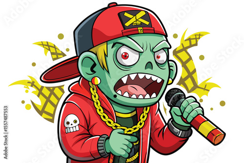 Cartoon Zombie Rapper with Microphone Wearing Red Jacket and Cap