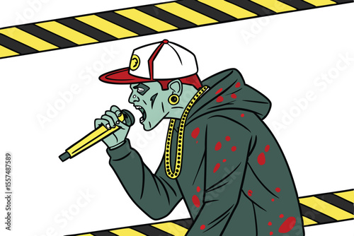 Zombie Rapper with Microphone and Caution Tape Illustration on White