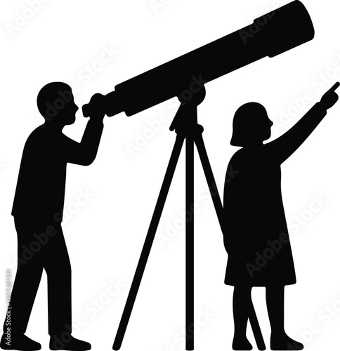 Silhouette children watching through telescope stargazing together Vector illustration