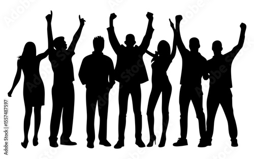 Group of people hands up full black silhouette vector illustration design