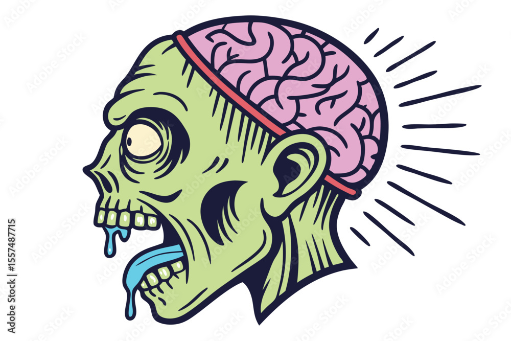 Obraz premium Cartoon Zombie Head with Exposed Brain and Drool Illustration