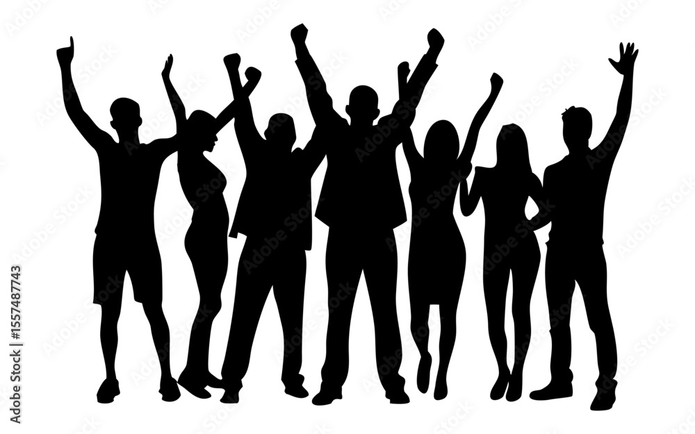 Fototapeta premium Group of people hands up full black silhouette vector illustration design
