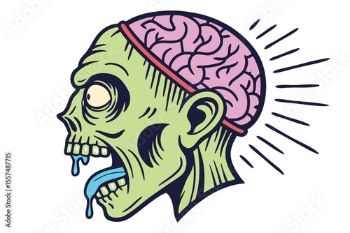 Cartoon Zombie Head with Exposed Brain and Drool Illustration