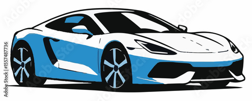 A sleek vector illustration of a modern sports car, predominantly white with striking blue accents, showcasing its dynamic design on a white background.