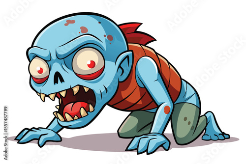 Cartoon Zombie Crawling with Open Mouth and Red Eyes Illustration