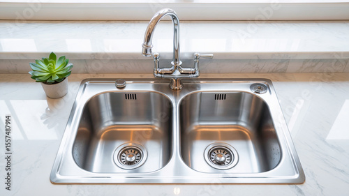 Elegant Kitchen Setting with Twin Stainless Steel Sinks, Sleek Faucet, and Subtle Plant Decor