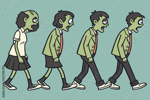 Cartoon Zombie Walk Cycle Animation Sequence in School Uniforms on Blue Background