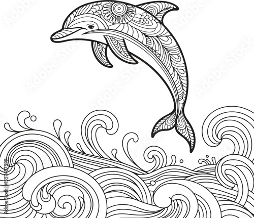 Intricate Zentangle Dolphin Leaping Over Ocean Waves: Playful, Whimsical Line Art Illustration for Coloring Book, Adult Coloring Pages