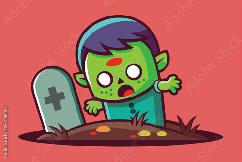 Cute Zombie Rising from Grave Cartoon Vector Illustration for Halloween