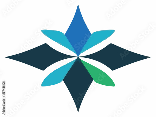 A geometric vector design resembling a compass rose or stylized star, with petals in shades of blue and green, radiating outwards from a central point.