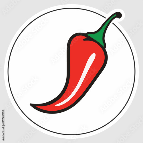
A vibrant vector icon showcasing a red chili pepper with a green stem, encircled by a black outline on a white background, symbolizing spice or heat.