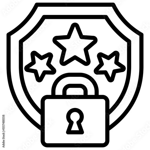 Certified Secure Outline Style Icon - shield with stars and a padlock, indicating certified data security and trusted quality