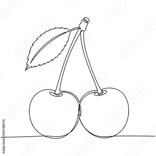 Line art illustration of two cherries with a leaf on white background  