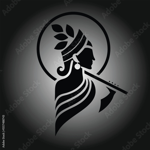 Elegant Krishna Silhouette with Flute and Halo in Black and White