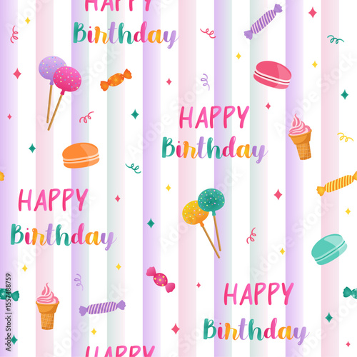 happy birthday Cute hand drawn ice cream, donuts, candies and sweets seamless pattern background. Creative nursery background. Perfect for kids design, fabric, wrapping, wallpaper, textile, text