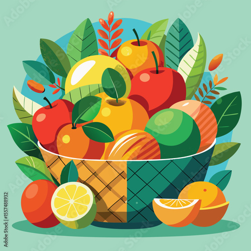 Vibrant still life illustration of a basket overflowing with fresh assorted fruits and leaves