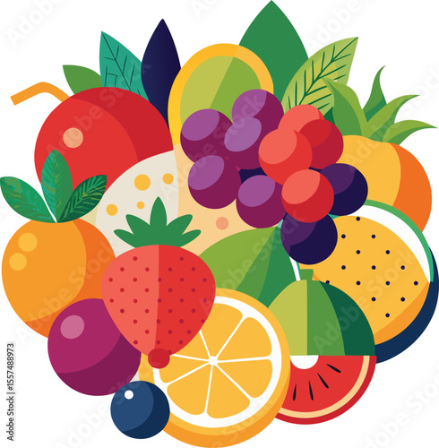 Vibrant assortment of fresh fruits and green leaves in a circular composition