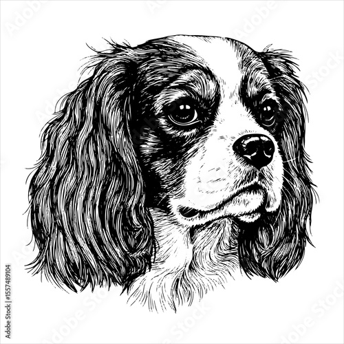 head Cavalier King Charles Spaniel pet portrait engraving intricate retro hand drawn style line art black and white vector illustration