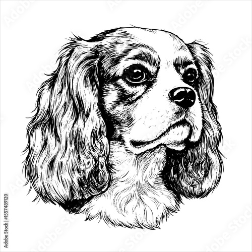 head Cavalier King Charles Spaniel pet portrait engraving intricate retro hand drawn style line art black and white vector illustration