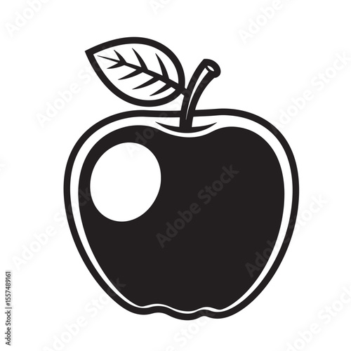 Elegant vector illustration of an apple with leaf stem and white spot representing vintage art silhouette