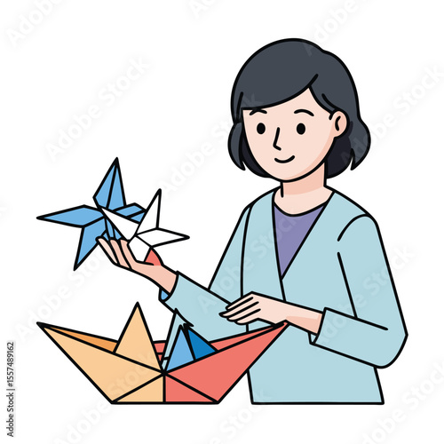 A woman folds origami cranes, demonstrating delicate paper art and precision on a clean white background.