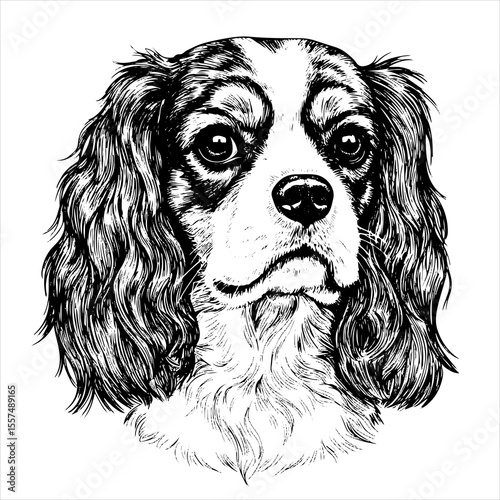 head Cavalier King Charles Spaniel pet portrait engraving intricate retro hand drawn style line art black and white vector illustration