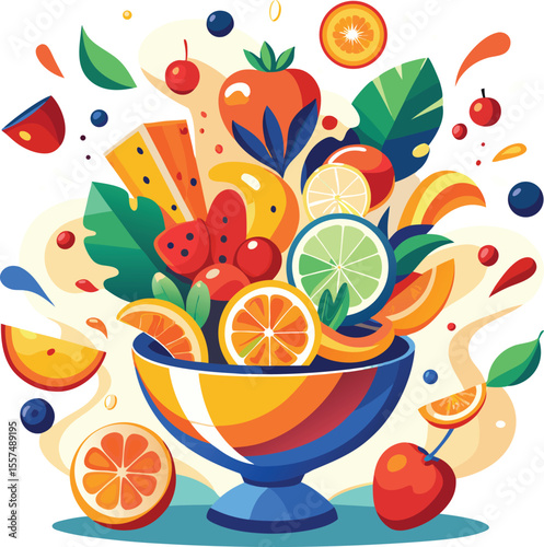 Vibrant fruit salad explosion in a colorful bowl with splashes and leaves