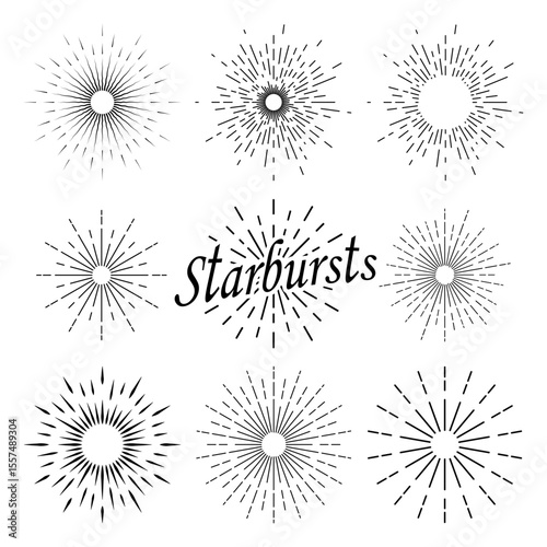 Vintage collection of eight sunbursts on a white background. The radial rays of the setting sun. A sunbeam with lines. Retro logo in the form of a circle with radial rays. Vector EPS 10.