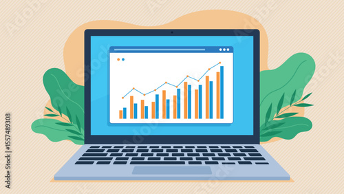 Stock market results bar chart on internet tile screen. Website with stock market chart on laptop screen. Flat design vector. Marketing results graph.