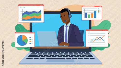 Employee in headset on laptop screen works and analyzes data and charts. Character work on laptop. Office and data analysis. Charts with marketing results and stock market. Flat design vector.