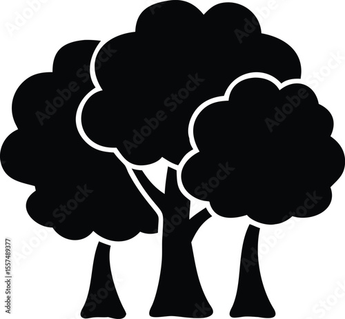 Simple black silhouette of three lush green trees with full canopies