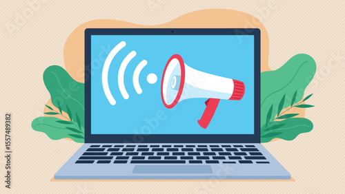 Vector laptop with megaphone. Megaphone with white and red color on laptop screen with signal icon. Flat design style illustration. Communication, warning, online connection.