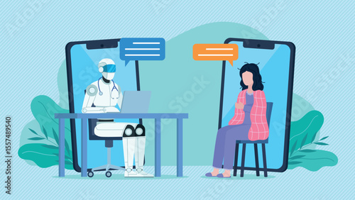 Medical teleconsultation. AI doctor bot working on laptop and talking to patient. Sick woman connects to teleconsultation with ai application. Medical help of the future. Flat design vector.