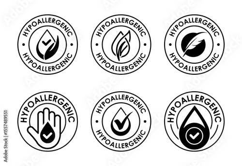 Hypoallergenic tested icons set design. Cosmetic certification label, Hypoallergenic icon sign black on white background