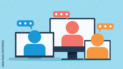 Laptop, tablet monitor with colorful avatars on screen. Communication clouds are next to the characters. Flat design vector. Online connection illustration. Technology and connection at work.