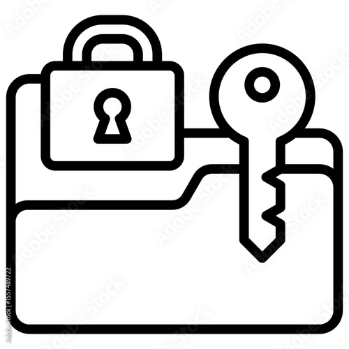 Folder Lock Outline Style Icon - Locked folder with key and padlock, representing secure file storage or authorized access