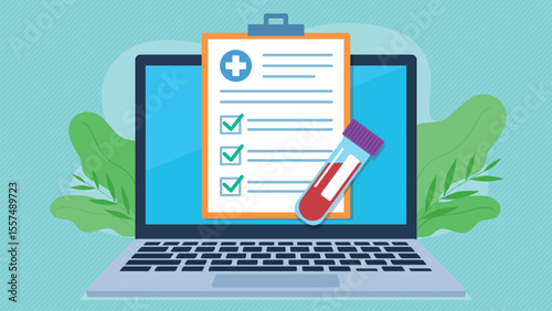 Blood test result graphic. Checklist on laptop screen with blood sample above it. Blood test, good result. Medical test result. Vector graphic in flat design style.