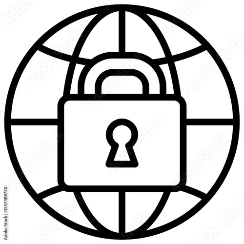 Global Lock Outline Style Icon - globe with a centered padlock, representing global data security or encrypted worldwide access