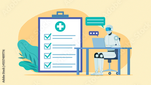 Ai robot working on computer. Next to the robot is this to lists with all checkers marked. Communication with the client and performing tasks. Flat design vector illustration. Communication.