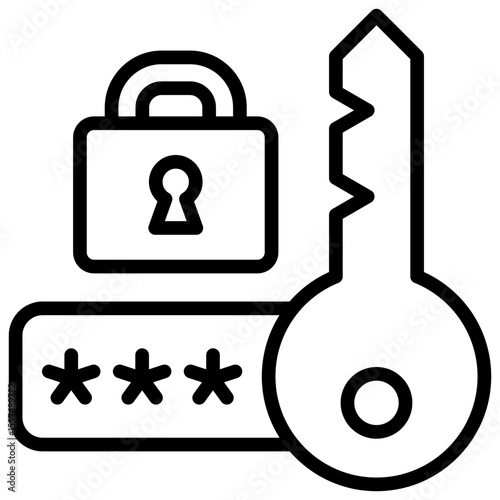 Password Protection Outline Style Icon - Password field with lock and key, representing strong authentication or secure login credentials