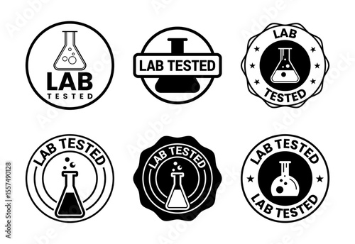 Lab tested icons set design. Laboratory testing product quality certificate symbol,  Clinically certified black on white background