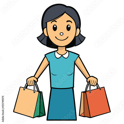 A woman holds grocery bags in both hands, showing the everyday task of shopping on a plain white background.