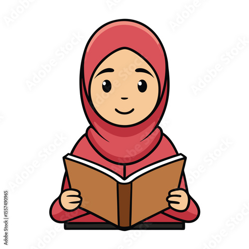 A woman in hijab reads a holy book, showing devotion and spiritual connection on a plain white background.