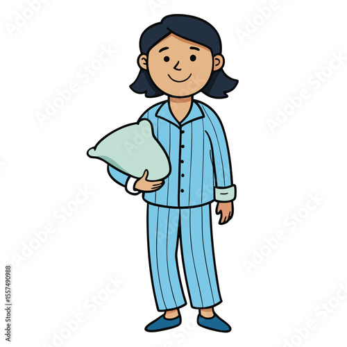 A woman in pajamas holds a pillow, enjoying comfort and a relaxed morning on a clean white background.
