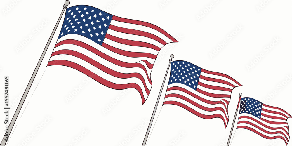 Fototapeta premium USA flag collection showing various waving American flags illustrated as high-quality vectors.