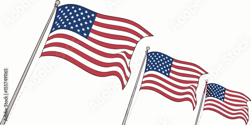 USA flag collection showing various waving American flags illustrated as high-quality vectors.