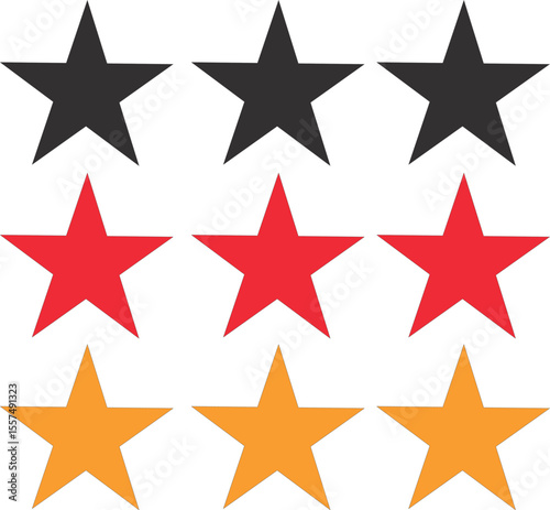 Three rows of stars in black red and orange on a white background
