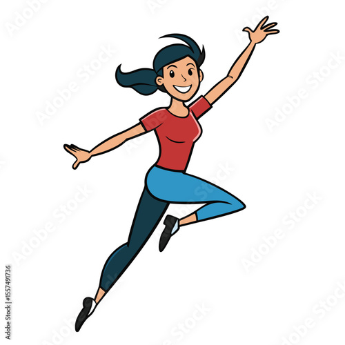A woman performs a modern dance jump, showcasing energy and graceful movement on a clean white background.