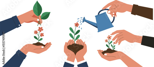 Growing Plants Hands Planting, Watering, and Caring for Seedlings