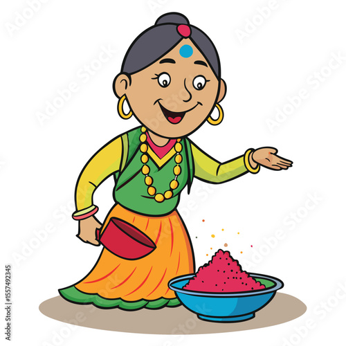 A woman plays with colorful powder for Holi, celebrating joy and vibrancy on a clean white background.